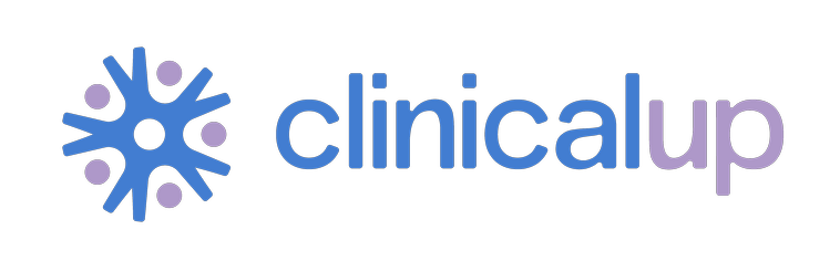 Logomarca Clinical Up, com fundo branco e escrita azul e lilás.